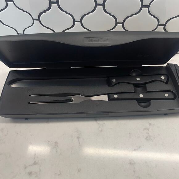 The Pampered Chef Meat Knife & Fork Carving Set w/ Built-In Sharpener & case 8” - Picture 1 of 5